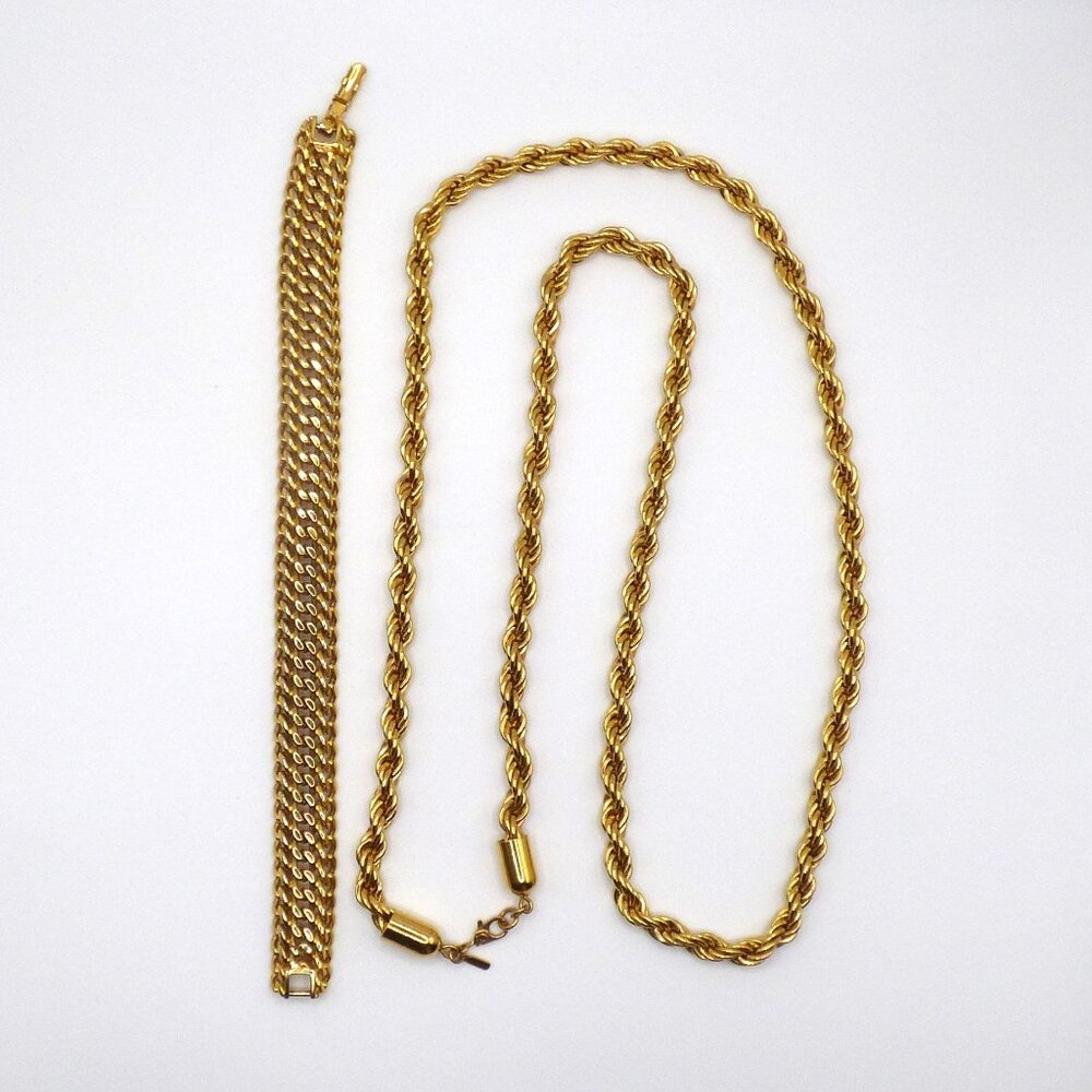 Monet Gold tone Twisted Rope Twisted Chain Necklace and Wide Chain Bracelet